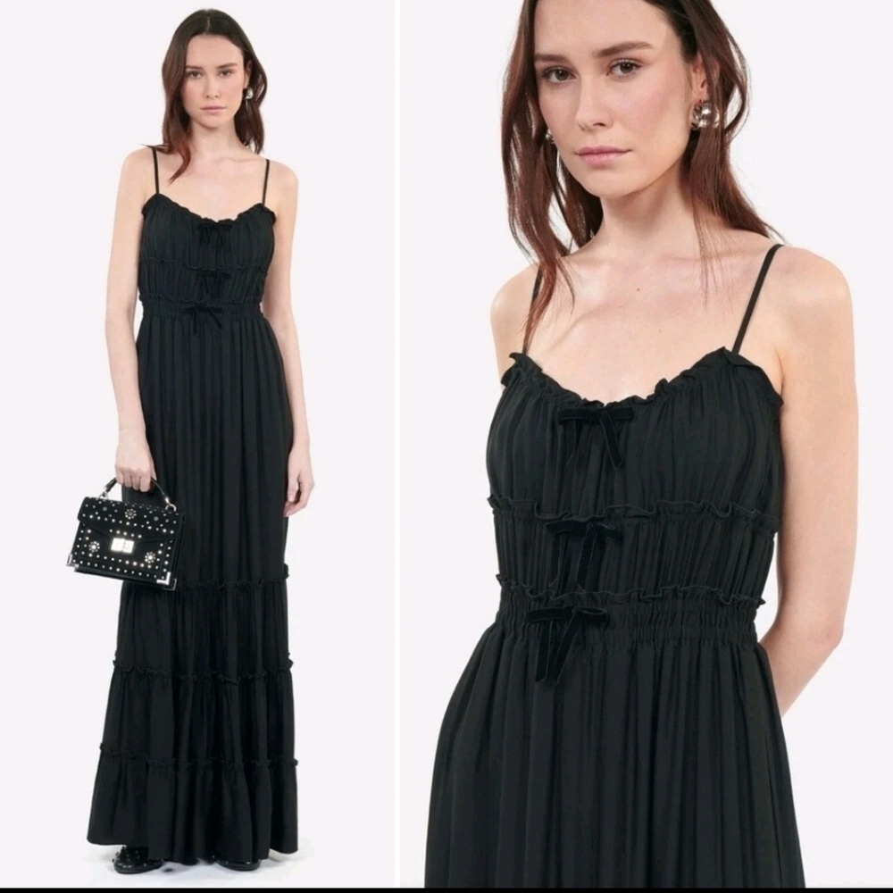 NWT! The Kooples, Shirred Maxi Dress Bows/Tiered Skirt, Black, FR 1(US S),$325